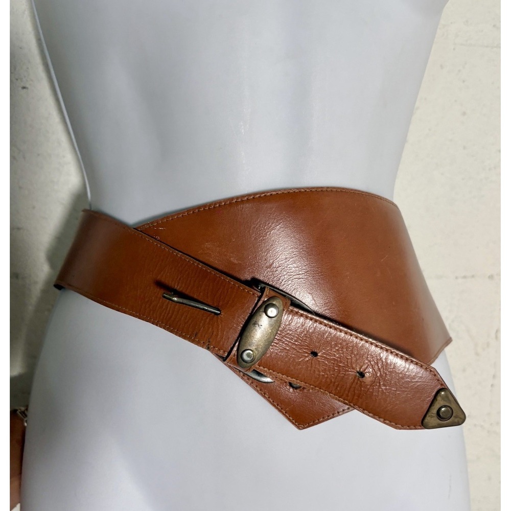 Vtg Wide Brown Leather Corset Belt Asymmetric Wrap Statement 34" Boho 80s Italy